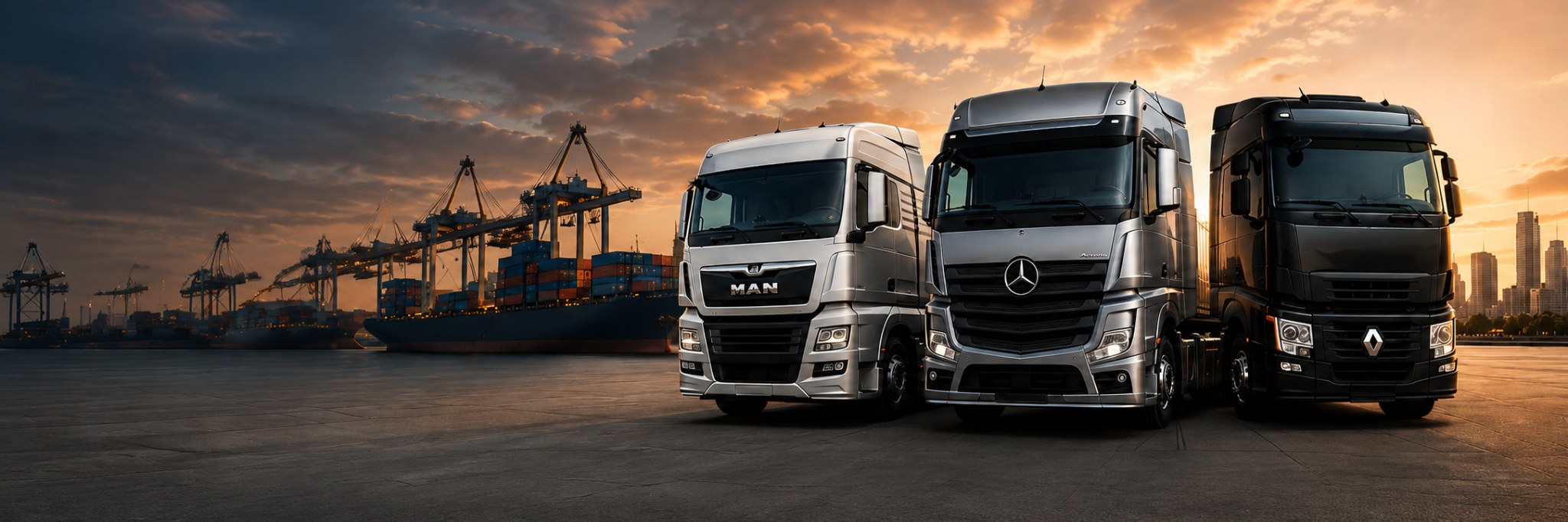 Vrachtwagens bij haven en containerterminal